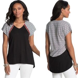 Chico's Tora Red‎ Gold Sequins V Neck Short Sleeve Tee Shirt Top 2 L Large 12